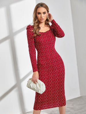 SHEIN BIZwear Confetti Heart Print Gigot Sleeve Dress Without Belt Workwear - Negative Apparel