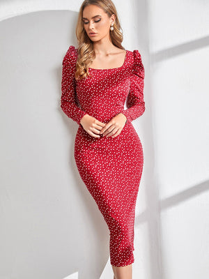 SHEIN BIZwear Confetti Heart Print Gigot Sleeve Dress Without Belt Workwear - Negative Apparel