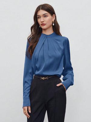 SHEIN BIZwear Keyhole Back Fold Pleated Front Solid Top - Negative Apparel