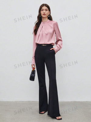 SHEIN BIZwear Keyhole Back Fold Pleated Front Solid Top - Negative Apparel