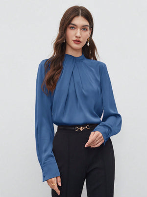 SHEIN BIZwear Keyhole Back Fold Pleated Front Solid Top - Negative Apparel