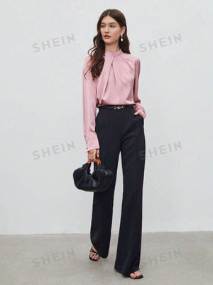 SHEIN BIZwear Keyhole Back Fold Pleated Front Solid Top - Negative Apparel