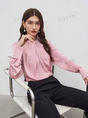 SHEIN BIZwear Keyhole Back Fold Pleated Front Solid Top - Negative Apparel