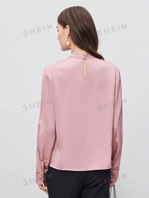 SHEIN BIZwear Keyhole Back Fold Pleated Front Solid Top - Negative Apparel