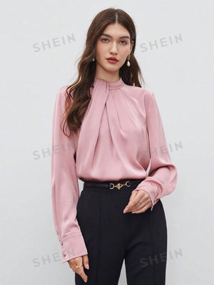 SHEIN BIZwear Keyhole Back Fold Pleated Front Solid Top - Negative Apparel