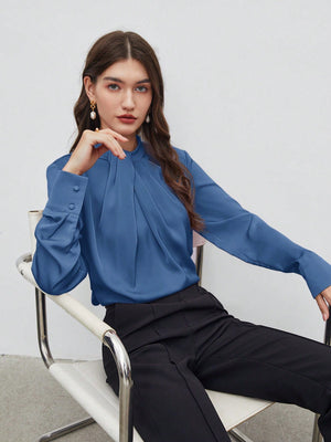 SHEIN BIZwear Keyhole Back Fold Pleated Front Solid Top - Negative Apparel