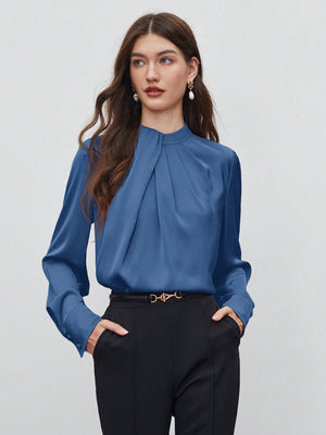 SHEIN BIZwear Keyhole Back Fold Pleated Front Solid Top - Negative Apparel