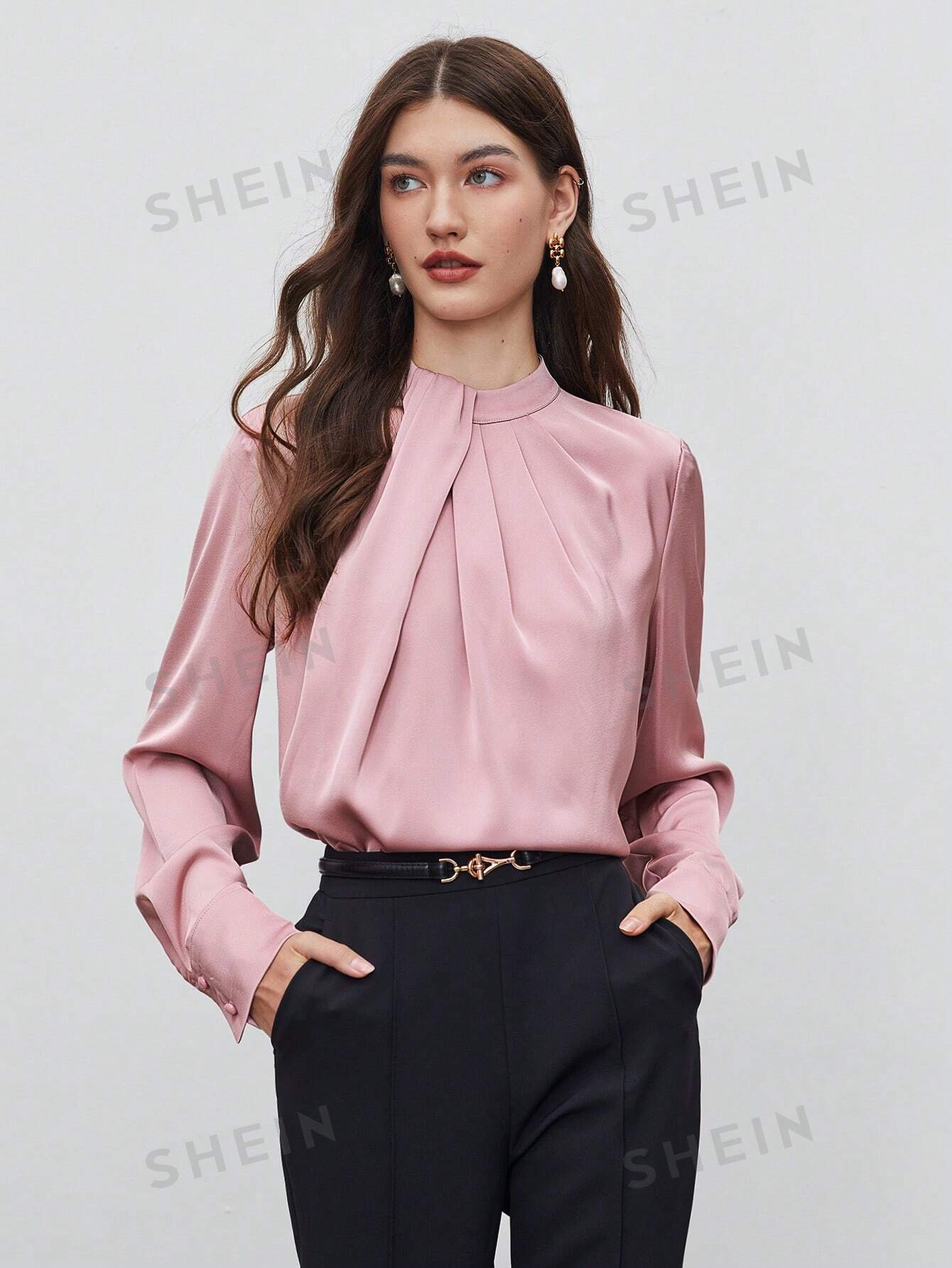 SHEIN BIZwear Keyhole Back Fold Pleated Front Solid Top - Negative Apparel