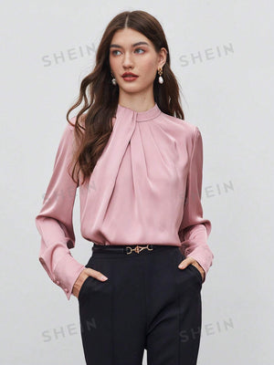 SHEIN BIZwear Keyhole Back Fold Pleated Front Solid Top - Negative Apparel