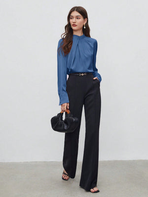 SHEIN BIZwear Keyhole Back Fold Pleated Front Solid Top - Negative Apparel