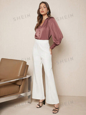 SHEIN BIZwear Solid Button Front Lantern Sleeve Satin Blouse - Negative Apparel