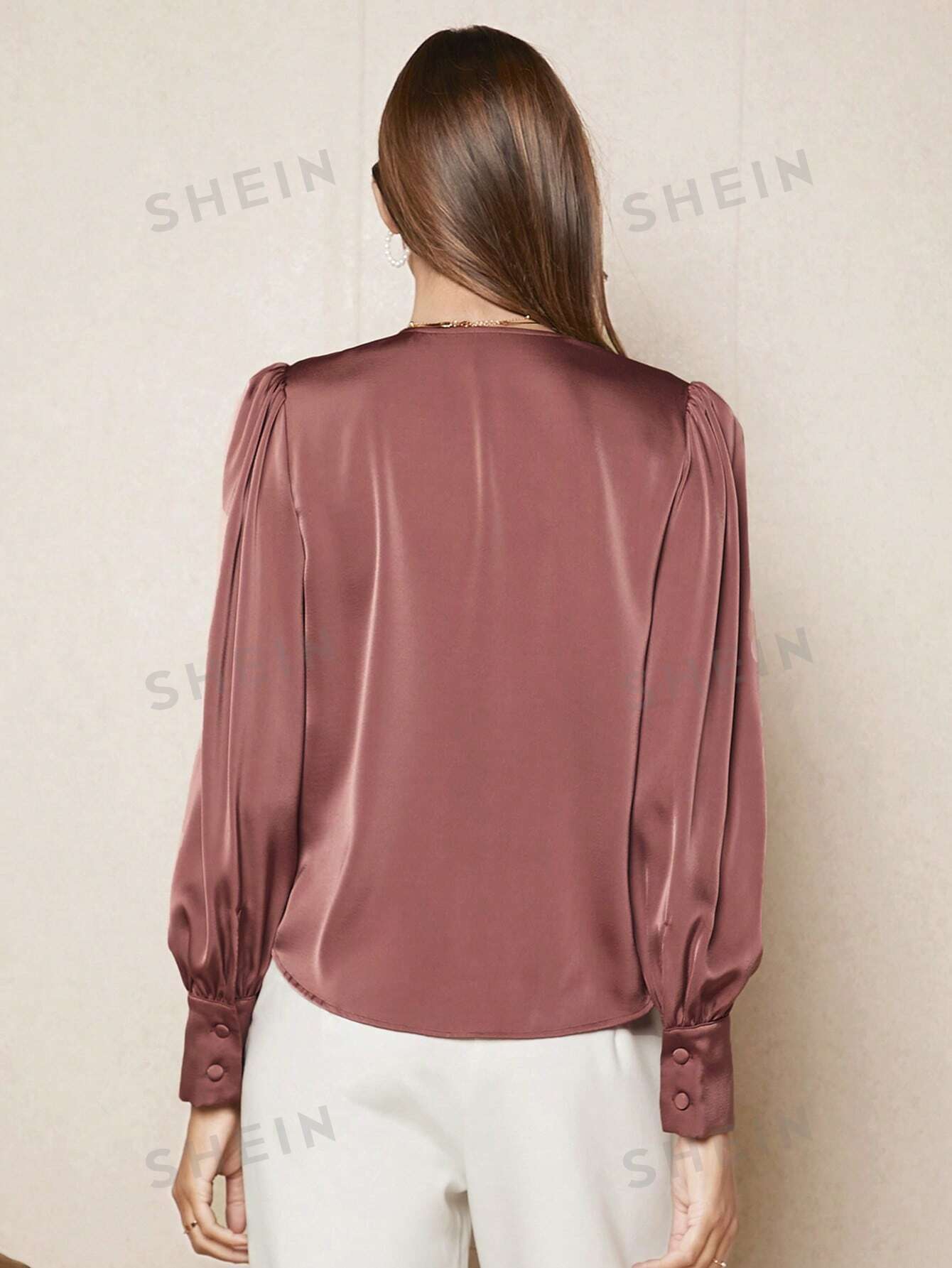 SHEIN BIZwear Solid Button Front Lantern Sleeve Satin Blouse - Negative Apparel