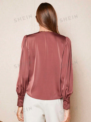 SHEIN BIZwear Solid Button Front Lantern Sleeve Satin Blouse - Negative Apparel