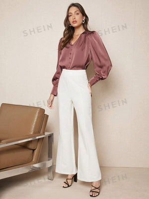 SHEIN BIZwear Solid Button Front Lantern Sleeve Satin Blouse - Negative Apparel
