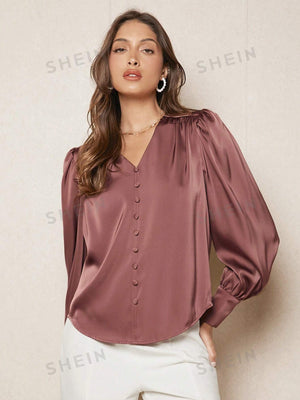 SHEIN BIZwear Solid Button Front Lantern Sleeve Satin Blouse - Negative Apparel