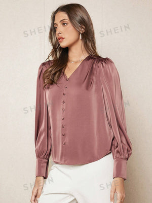 SHEIN BIZwear Solid Button Front Lantern Sleeve Satin Blouse - Negative Apparel