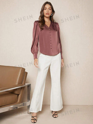 SHEIN BIZwear Solid Button Front Lantern Sleeve Satin Blouse - Negative Apparel