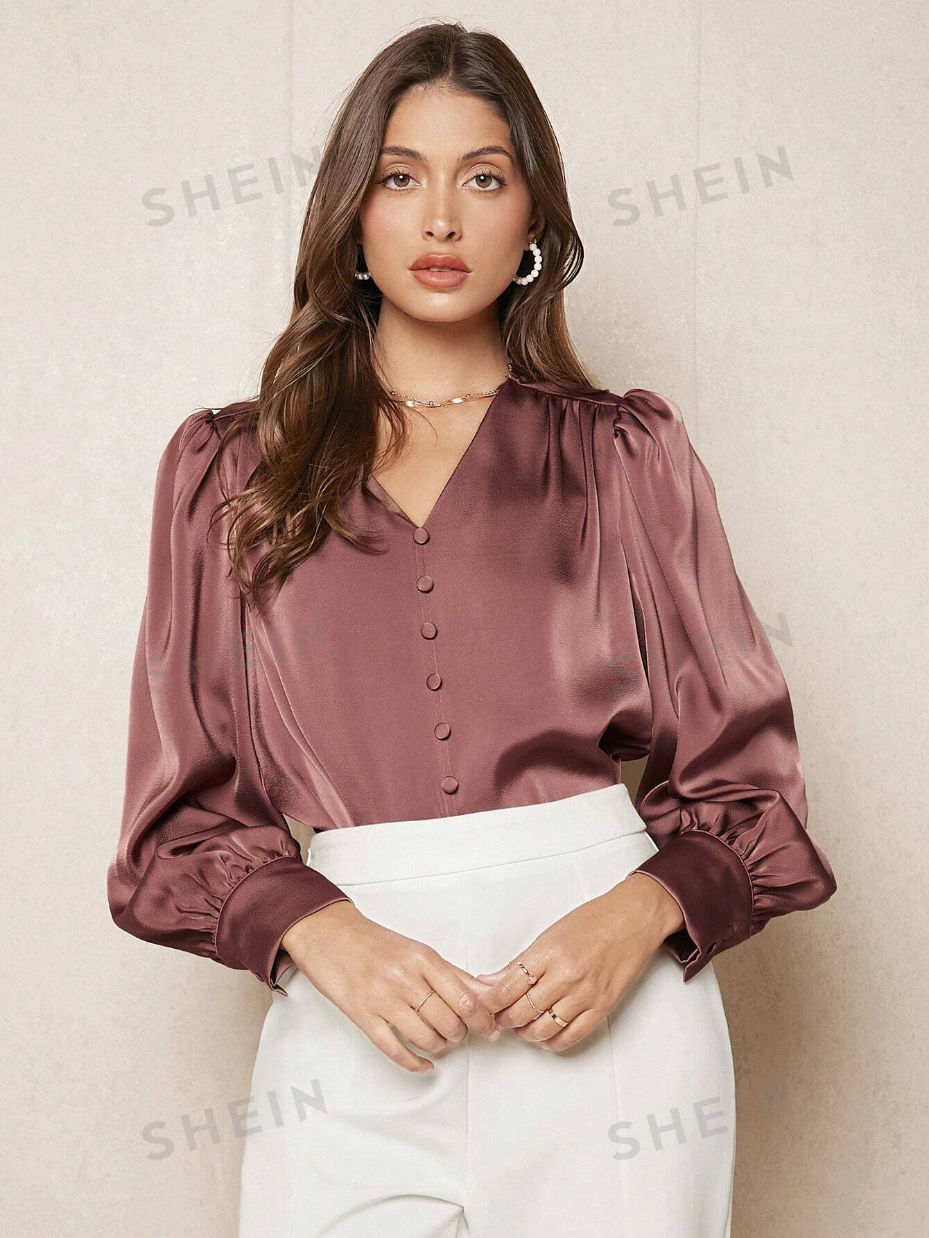 SHEIN BIZwear Solid Button Front Lantern Sleeve Satin Blouse - Negative Apparel