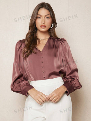 SHEIN BIZwear Solid Button Front Lantern Sleeve Satin Blouse - Negative Apparel