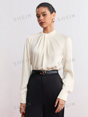 SHEIN BIZwear Solid Keyhole Back Fold Pleated Detail Blouse - Negative Apparel