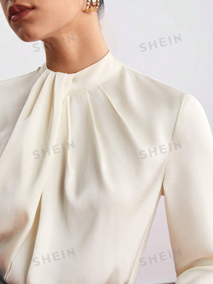 SHEIN BIZwear Solid Keyhole Back Fold Pleated Detail Blouse - Negative Apparel