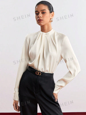 SHEIN BIZwear Solid Keyhole Back Fold Pleated Detail Blouse - Negative Apparel