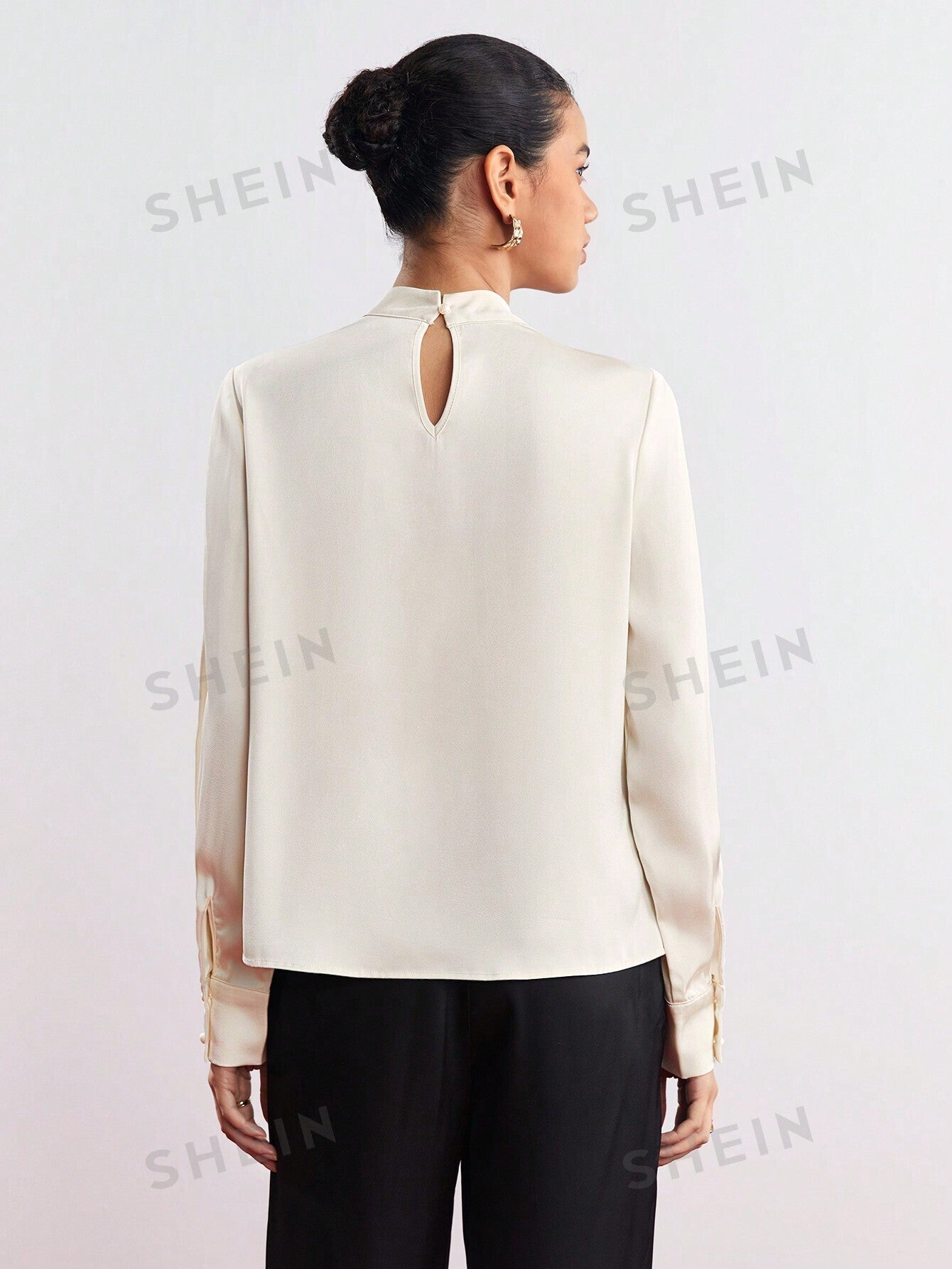 SHEIN BIZwear Solid Keyhole Back Fold Pleated Detail Blouse - Negative Apparel