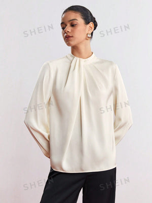SHEIN BIZwear Solid Keyhole Back Fold Pleated Detail Blouse - Negative Apparel