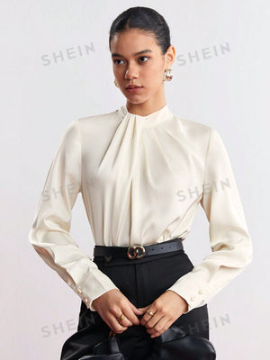 SHEIN BIZwear Solid Keyhole Back Fold Pleated Detail Blouse - Negative Apparel