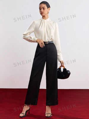 SHEIN BIZwear Solid Keyhole Back Fold Pleated Detail Blouse - Negative Apparel