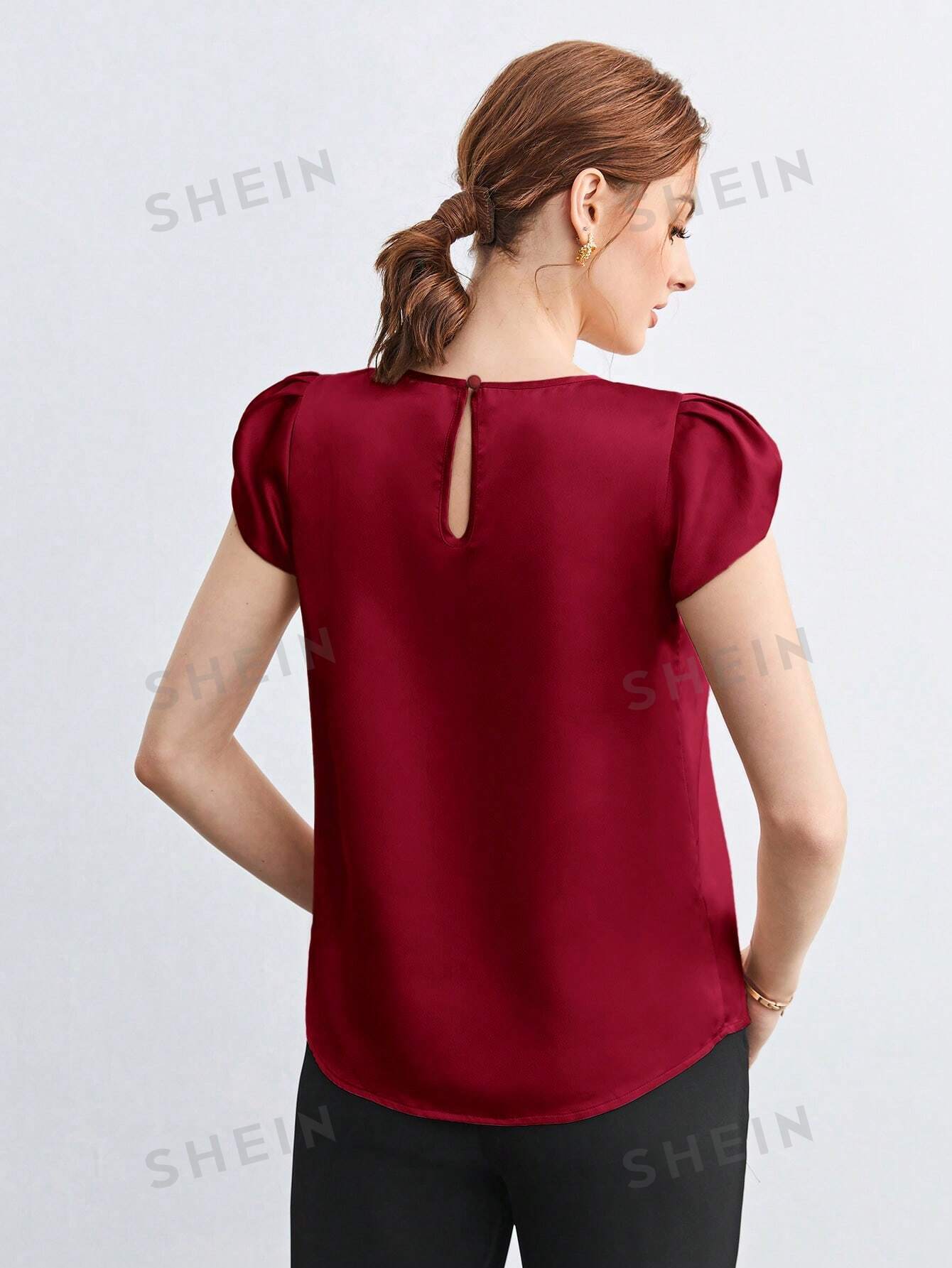 SHEIN BIZwear Solid Petal Sleeve Blouse - Negative Apparel