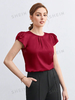 SHEIN BIZwear Solid Petal Sleeve Blouse - Negative Apparel