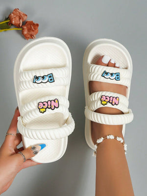 SHEIN Cartoon Decor Multi-way Wear Slides, Preppy White EVA Slides - Negative Apparel
