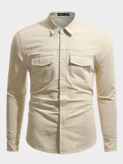 SHEIN Corduroy Casual Button Up Long Sleeve Shirt With Pockets - Negative Apparel