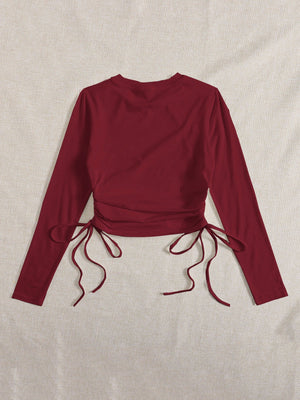 SHEIN Drawstring Ruched Solid Round Neck Crop Tee - Negative Apparel