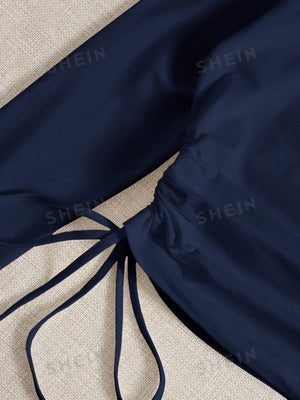 SHEIN Drawstring Ruched Solid Round Neck Crop Tee - Negative Apparel