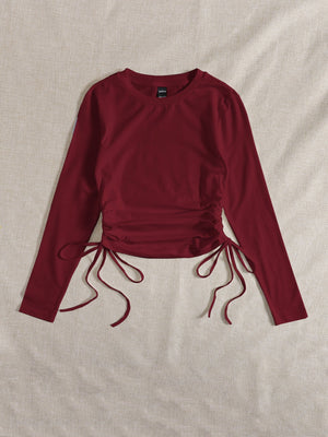 SHEIN Drawstring Ruched Solid Round Neck Crop Tee - Negative Apparel