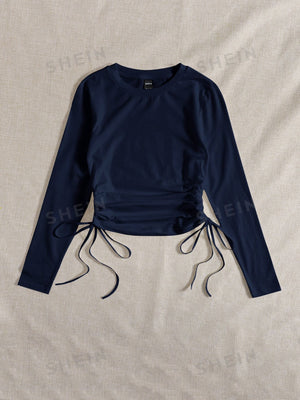 SHEIN Drawstring Ruched Solid Round Neck Crop Tee - Negative Apparel