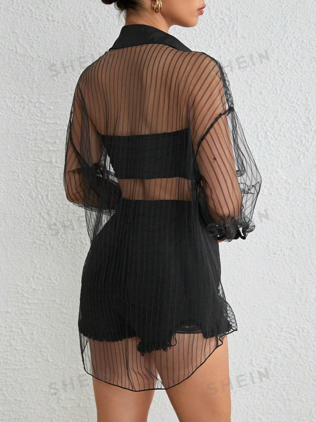 SHEIN Essnce Drop Shoulder Button Front Mesh Shirt Without Tube Top - Negative Apparel