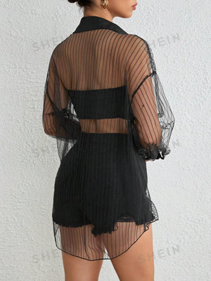 SHEIN Essnce Drop Shoulder Button Front Mesh Shirt Without Tube Top - Negative Apparel