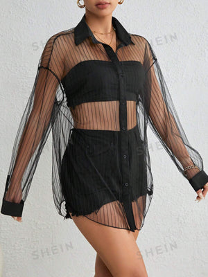 SHEIN Essnce Drop Shoulder Button Front Mesh Shirt Without Tube Top - Negative Apparel