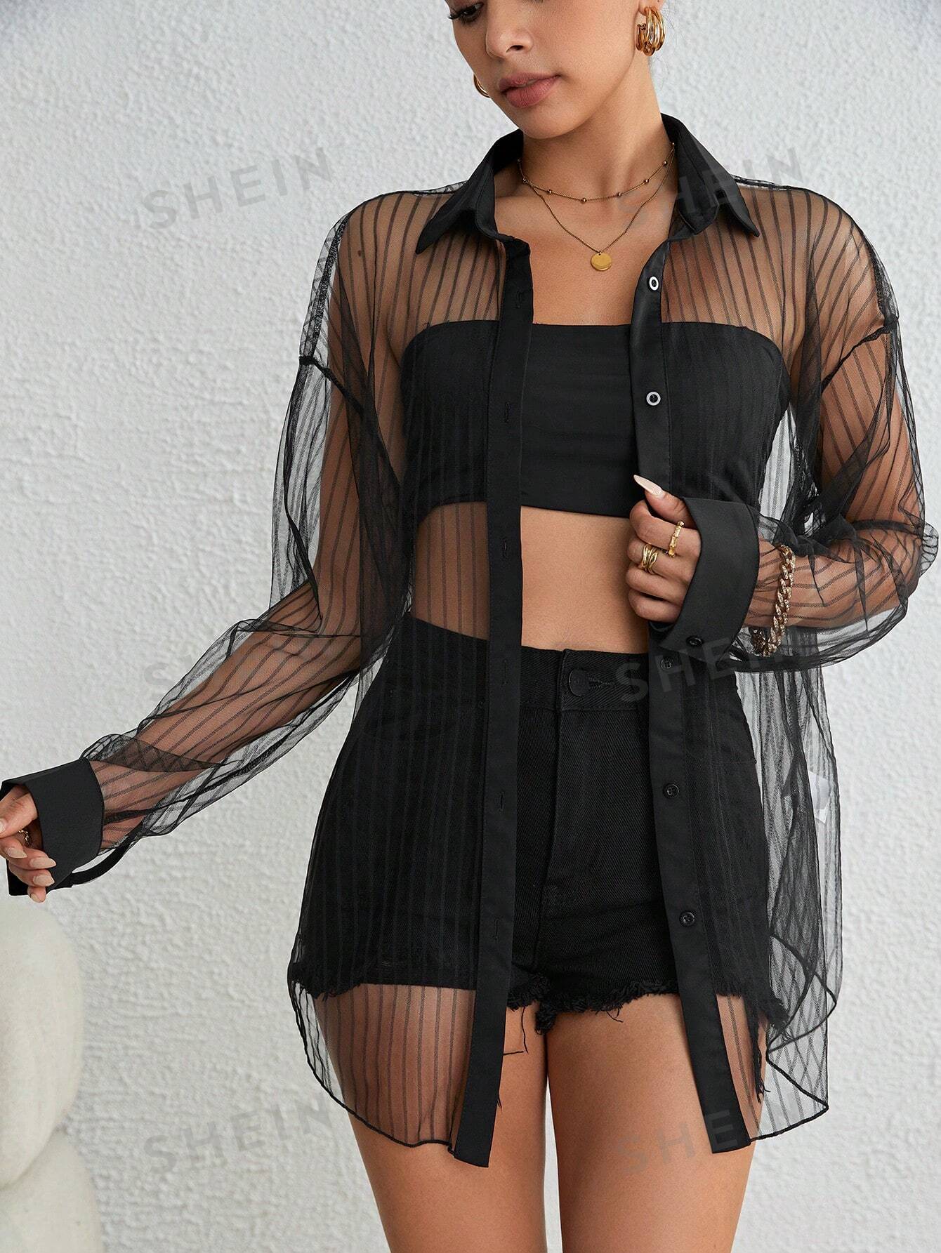 SHEIN Essnce Drop Shoulder Button Front Mesh Shirt Without Tube Top - Negative Apparel