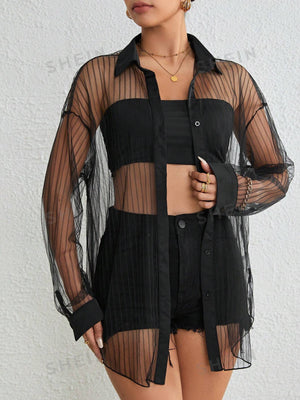 SHEIN Essnce Drop Shoulder Button Front Mesh Shirt Without Tube Top - Negative Apparel