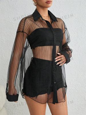 SHEIN Essnce Drop Shoulder Button Front Mesh Shirt Without Tube Top - Negative Apparel