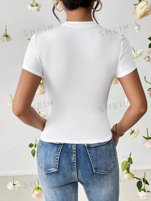 SHEIN Essnce Heart Cut Out Ruched Detail Tee - Negative Apparel