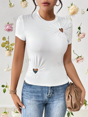 SHEIN Essnce Heart Cut Out Ruched Detail Tee - Negative Apparel