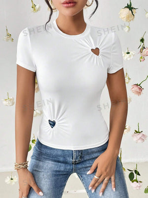 SHEIN Essnce Heart Cut Out Ruched Detail Tee - Negative Apparel