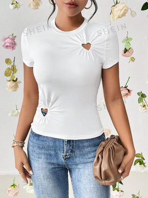 SHEIN Essnce Heart Cut Out Ruched Detail Tee - Negative Apparel
