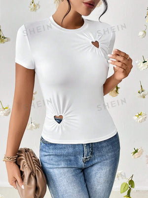 SHEIN Essnce Heart Cut Out Ruched Detail Tee - Negative Apparel