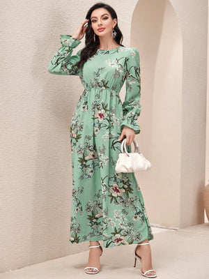 SHEIN Floral Print Flounce Sleeve A-line Dress - Negative Apparel